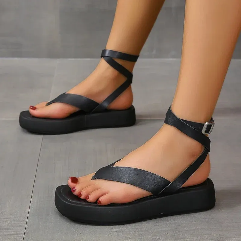 Hnzxzm 2024 Sandals Comfort Shoes for Women's Female Summer Flip Flops Platform Roman Style Low Heels Black Fashion Casual Ladies Shoes