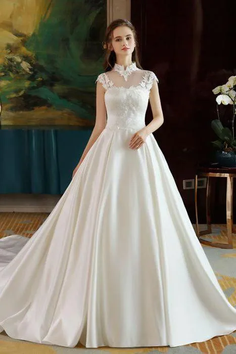 Ivory High Neck Ball Gown Lace Applique Cheap Wedding Dresses PFW0125
