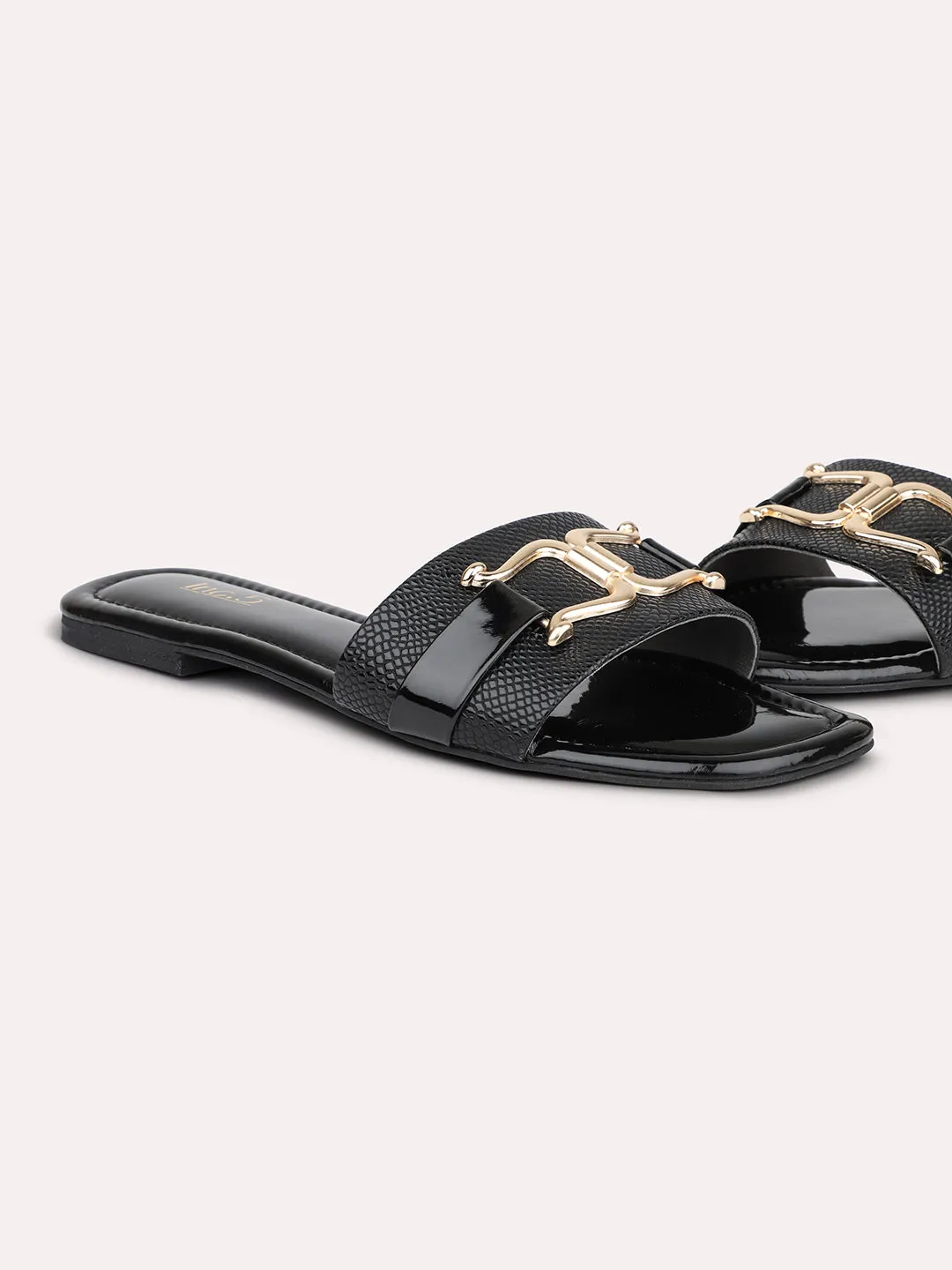 Women Black-Coloured And Gold-Toned Buckled Open Toe Flats