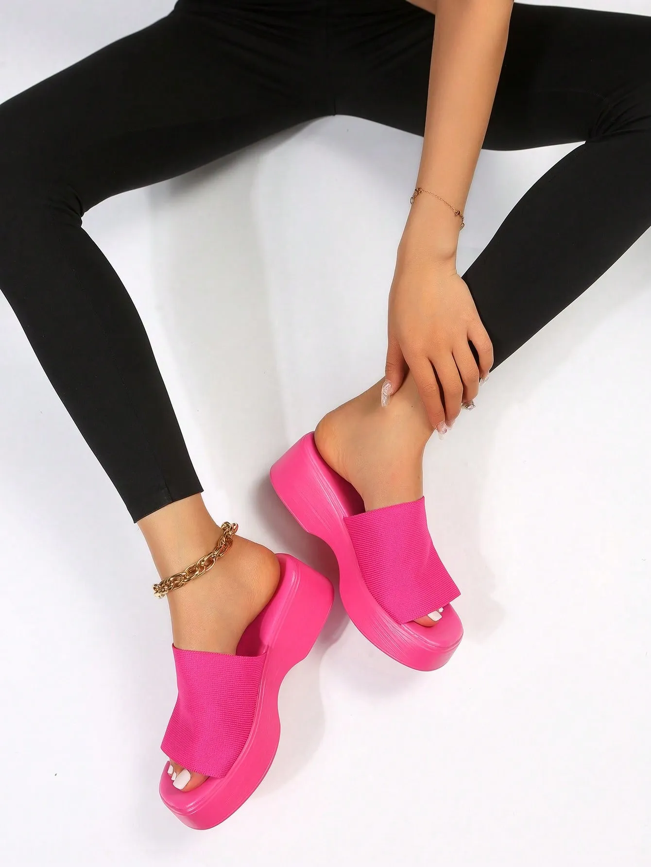 Women Single Band Flatform Slide Black Wedge Sandals