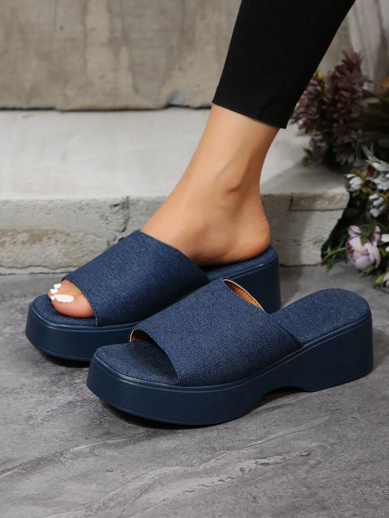 Women Single Band Flatform Slide Black Wedge Sandals