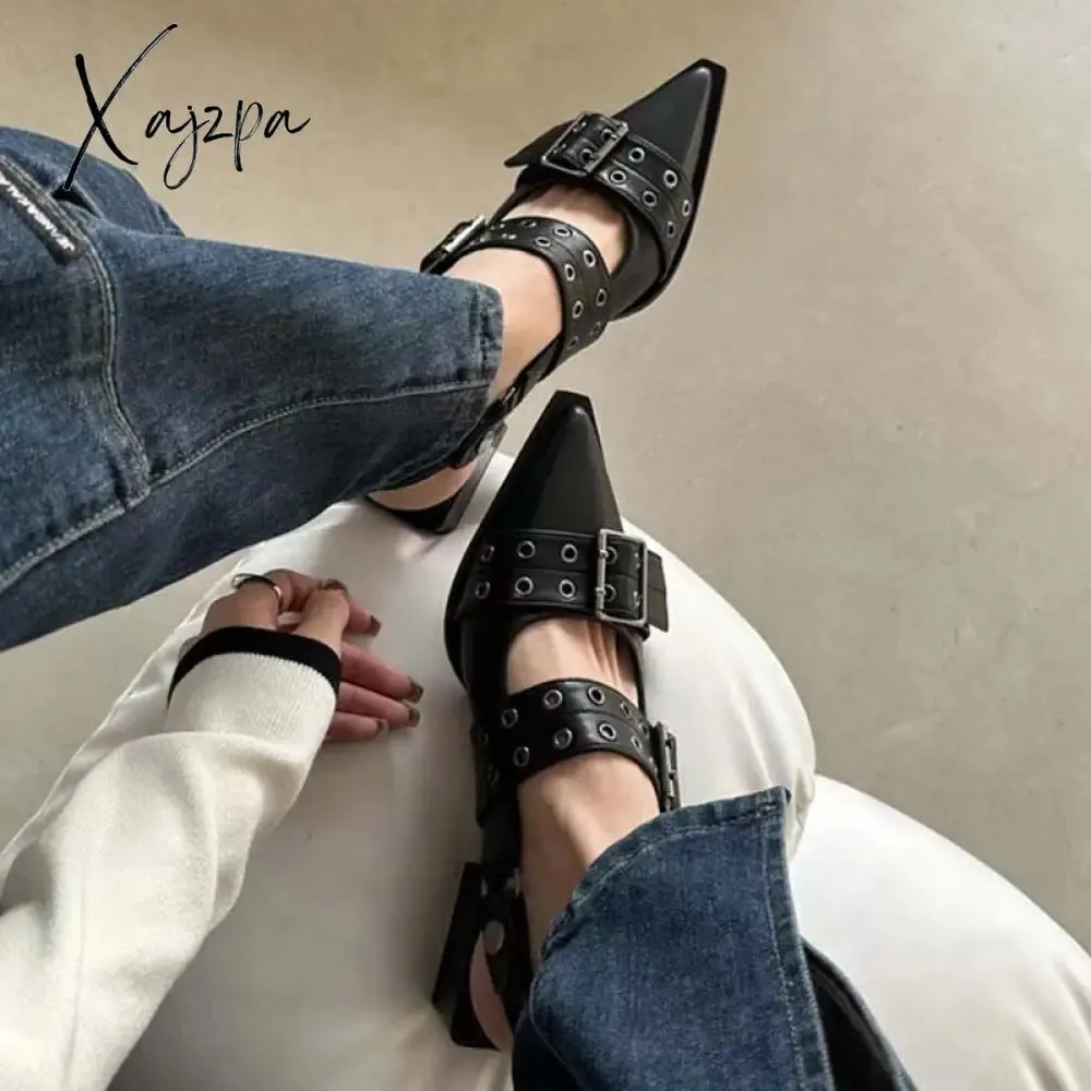Xajzpa - 2023 New Women Chunky Sandals Summer Shoes Fashion Mid Heels Pointed Toe Party Shoes Brand Casual Shoes Mujer Slippers Zapatos